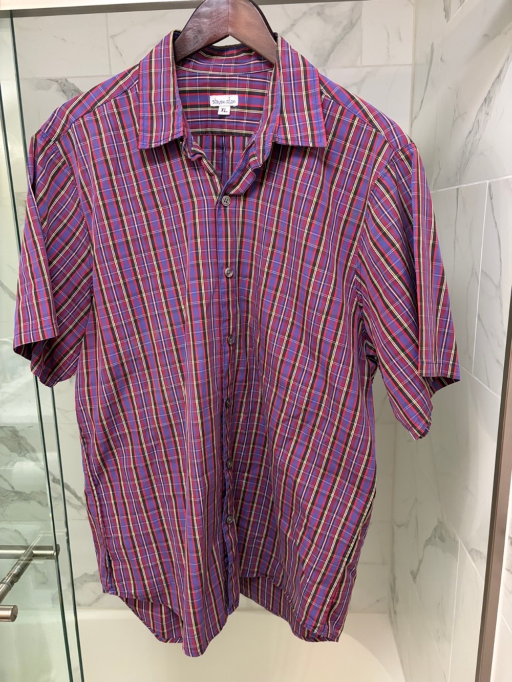 Steven Alan Purple & Blue Plaid Short Sleeve Button-Up